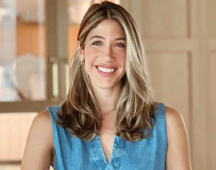 a woman in a blue shirt